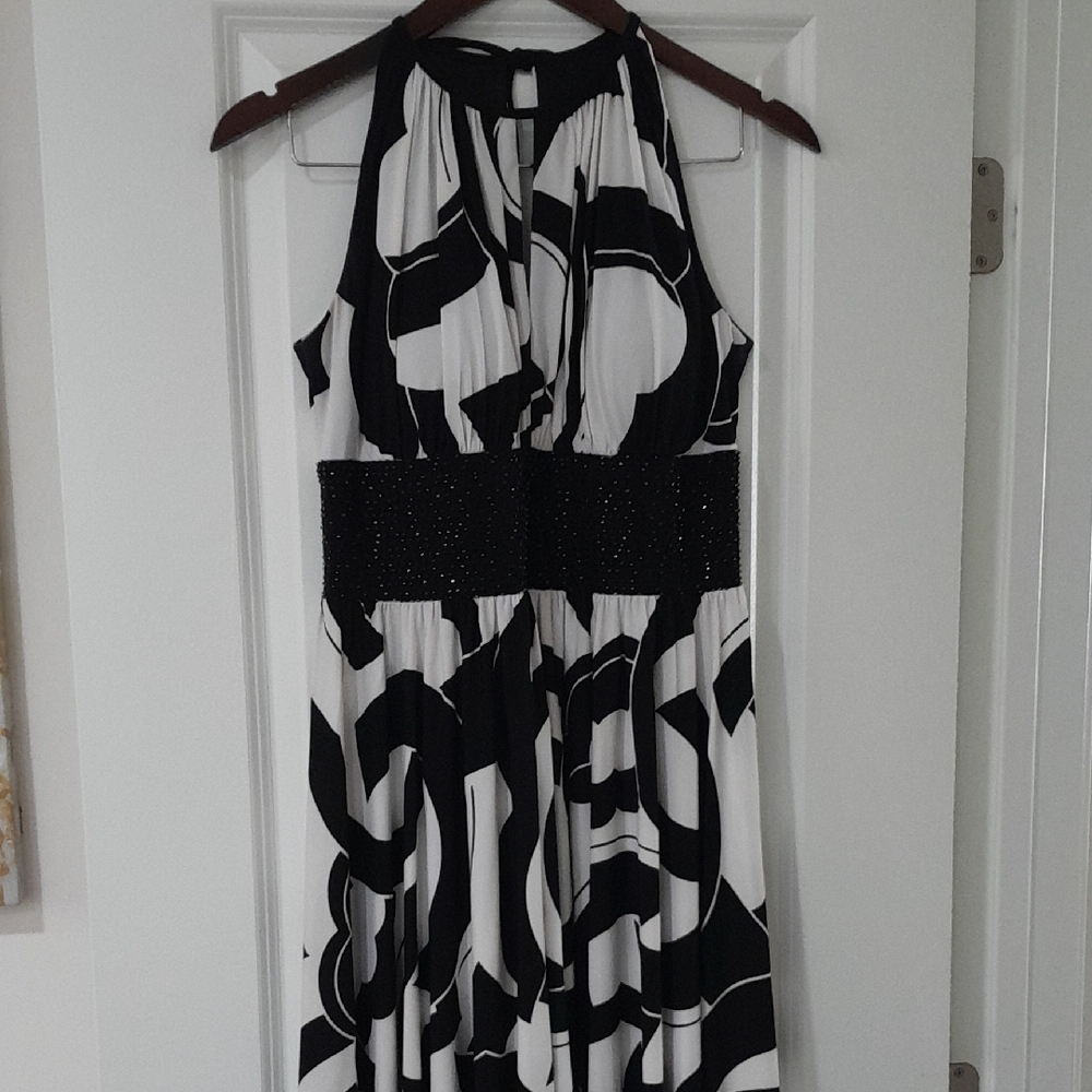 dressbarn Black & White Halter  Dress with Beaded Waistband